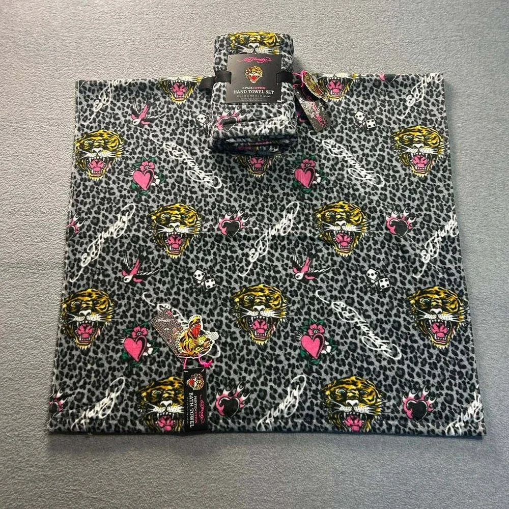 Ed Hardy 3 Pc Towel Set Tiger Leopard Print Y2K Bath 28x54 Hand 16x26 Cotton